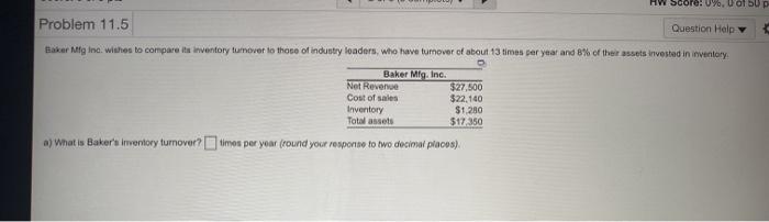  HW Score: 0. Obup Problem 11.5 Question Help Baker Mg Ina