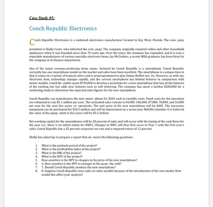  Case Study 05: Conch Republic Electronics Conch Republic Electronics is a