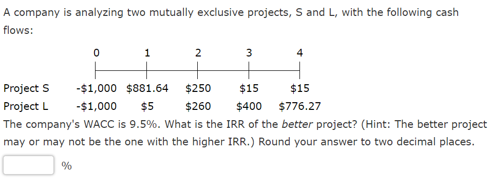 A company is analyzing two mutually exclusive projects, S and L,