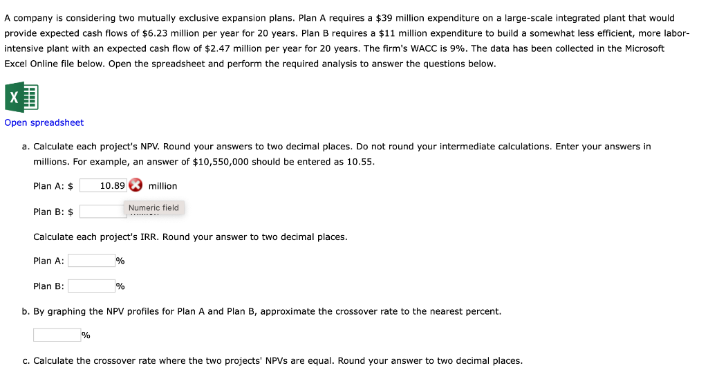 A company is considering two mutually exclusive expansion plans. Plan A