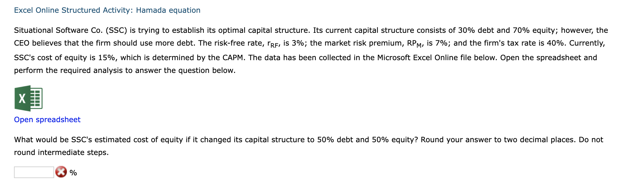 Excel Online Structured Activity: Hamada equation Situational Software Co. (SSC) is