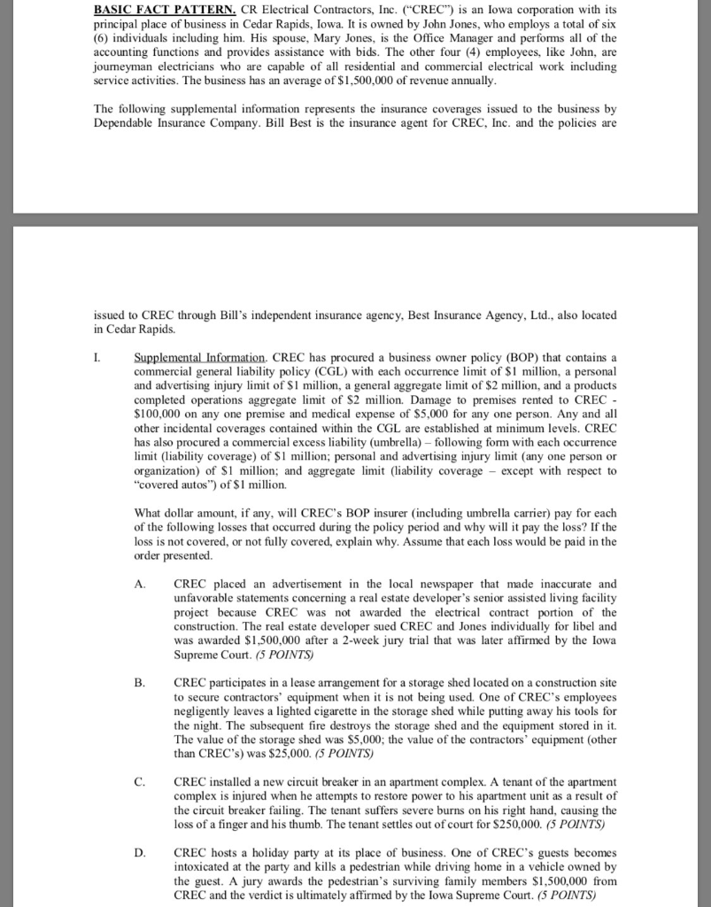 BASIC FACT PATTERN. CR Electrical Contractors, Inc. CREC) is an lowa
