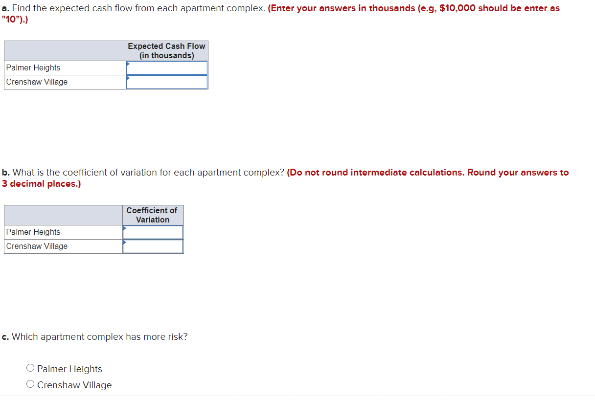 a. Find the expected cash flow from each apartment complex. (Enter