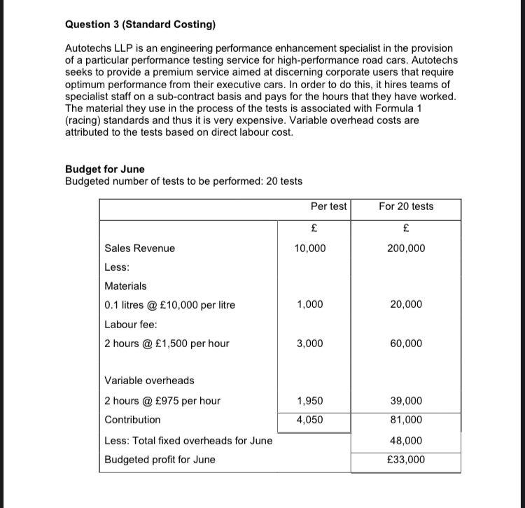 Question 3 (Standard Costing) Autotechs LLP is an engineering performance enhancement