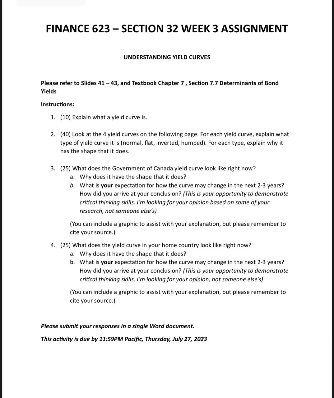  FINANCE 623 - SECTION 32 WEEK 3 ASSIGNMENT UNDERSTANDING YIELD CURVES
