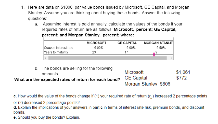 1. Here are data on $1000 par value bonds issued by