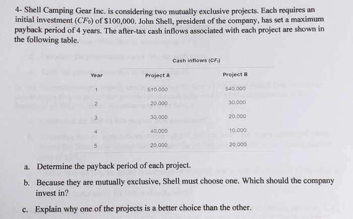  4- Shell Camping Gear Inc. is considering two mutually exclusive projects.
