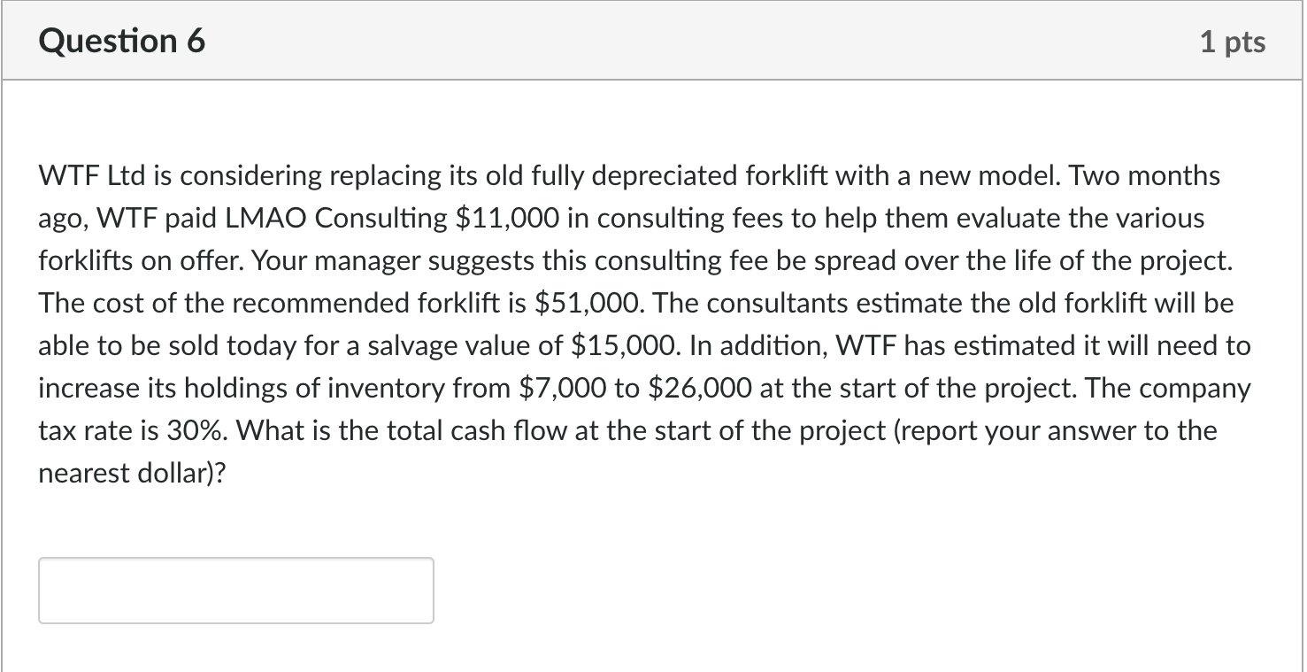 Question 6 1 pts WTF Ltd is considering replacing its old