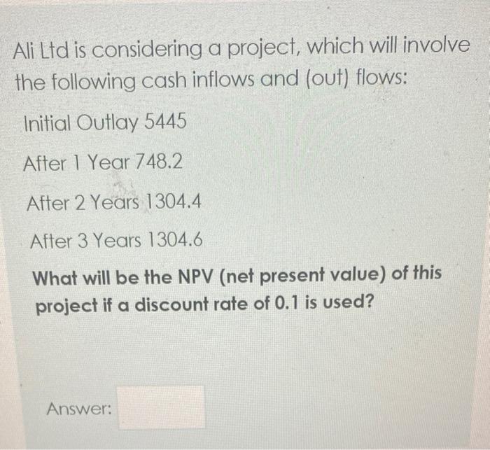  Ali Ltd is considering a project, which will involve the following