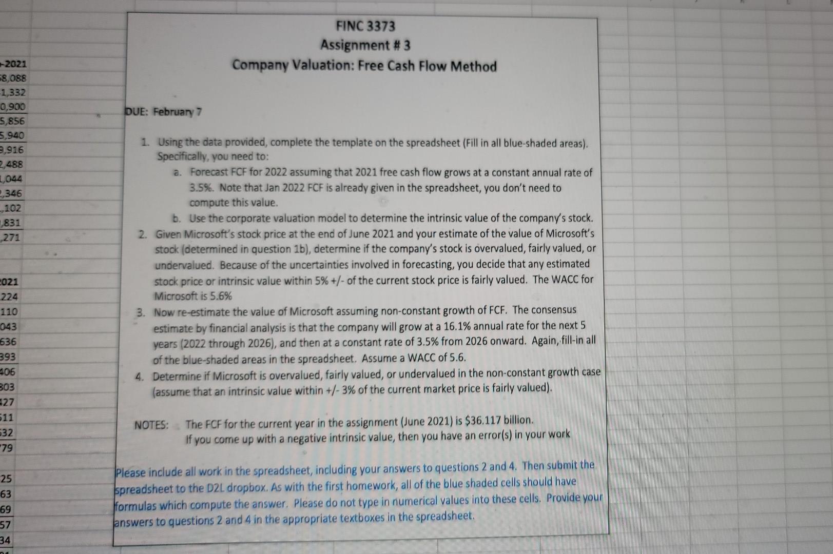 FINC 3373 Assignment #3 Company Valuation: Free Cash Flow Method DUE: