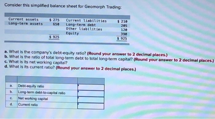  Consider this simplified balance sheet for Geomorph Trading: Current assets Long-term