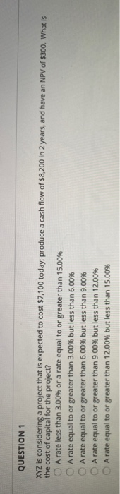  QUESTION 1 XYZ is considering a project that is expected to