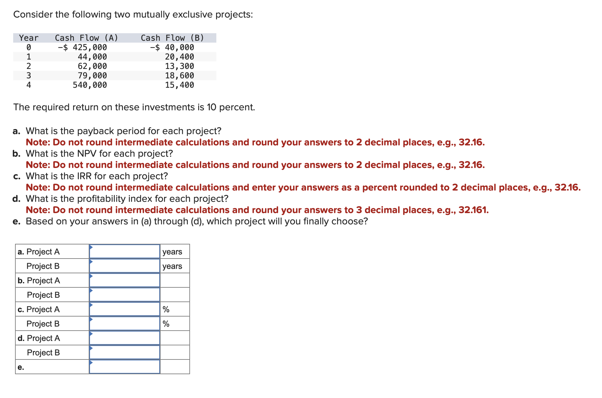 Consider the following two mutually exclusive projects: The required return on