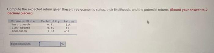  Compute the expected return given these three economic states, their likelihoods,