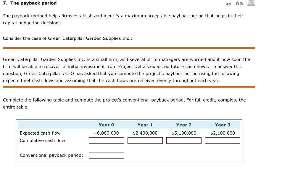 7. The payback period Aa Aa The payback method helps firms