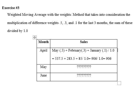  Exercise #3 Weighted Moving Average with the weights: Method that takes