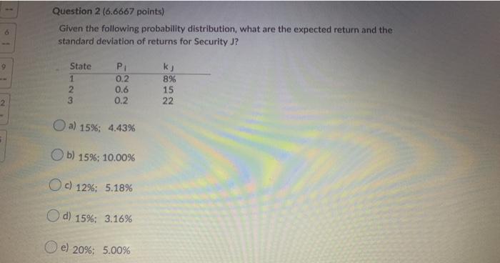  Question 2 (6.6667 points) Given the following probability distribution, what are