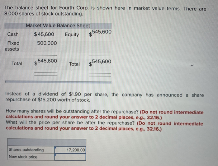  The balance sheet for Fourth Corp. is shown here in market