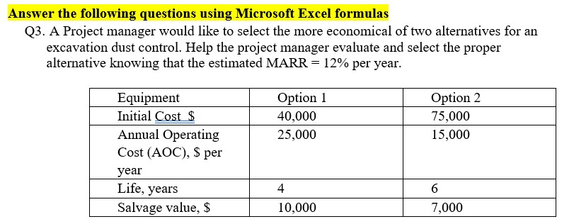  Answer the following questions using Microsoft Excel formulas Q3. A Project