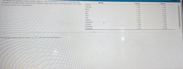 a. avergae retrun for colab. average return for gas co c. volatility