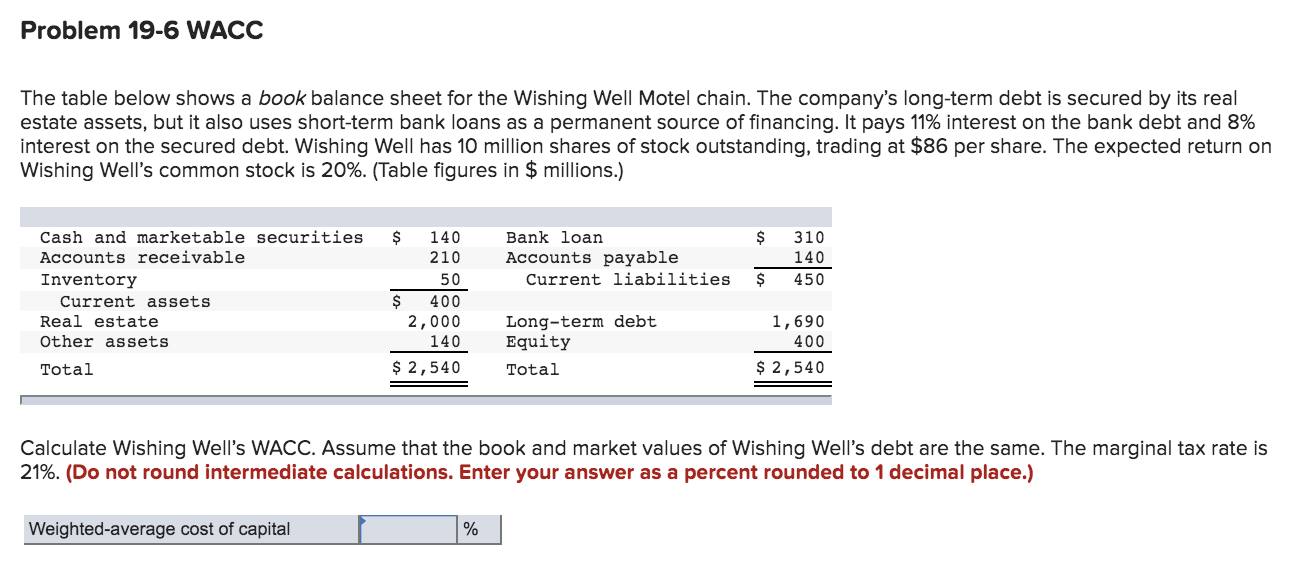  Problem 19-6 WACC The table below shows a book balance sheet