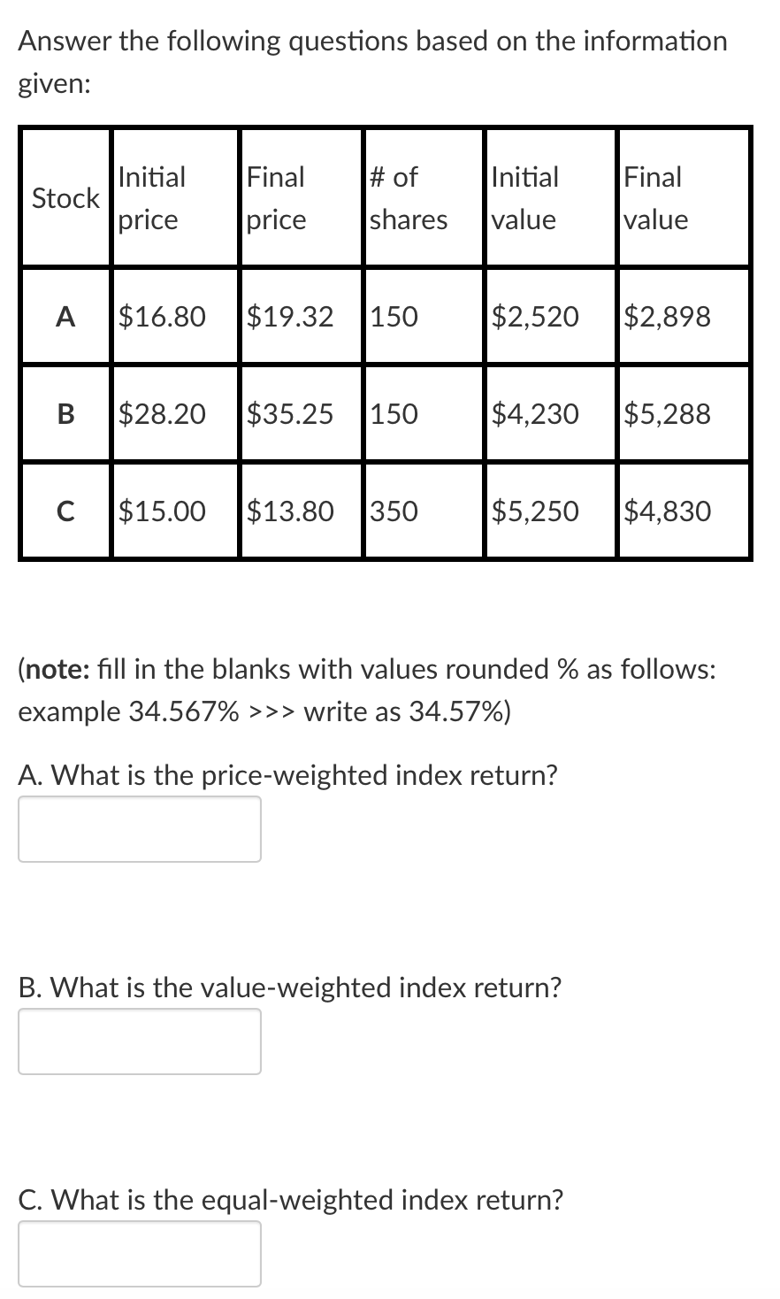  Answer the following questions based on the information given: Initial Stock