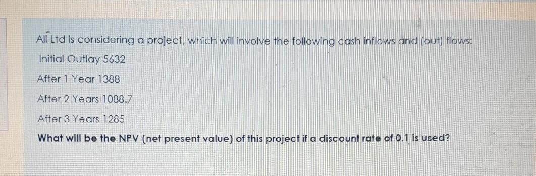 Ali Ltd is considering a project, which will involve the following