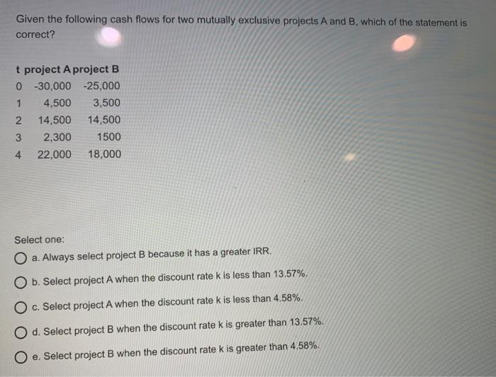 please help Given the following cash flows for two mutually exclusive projects
