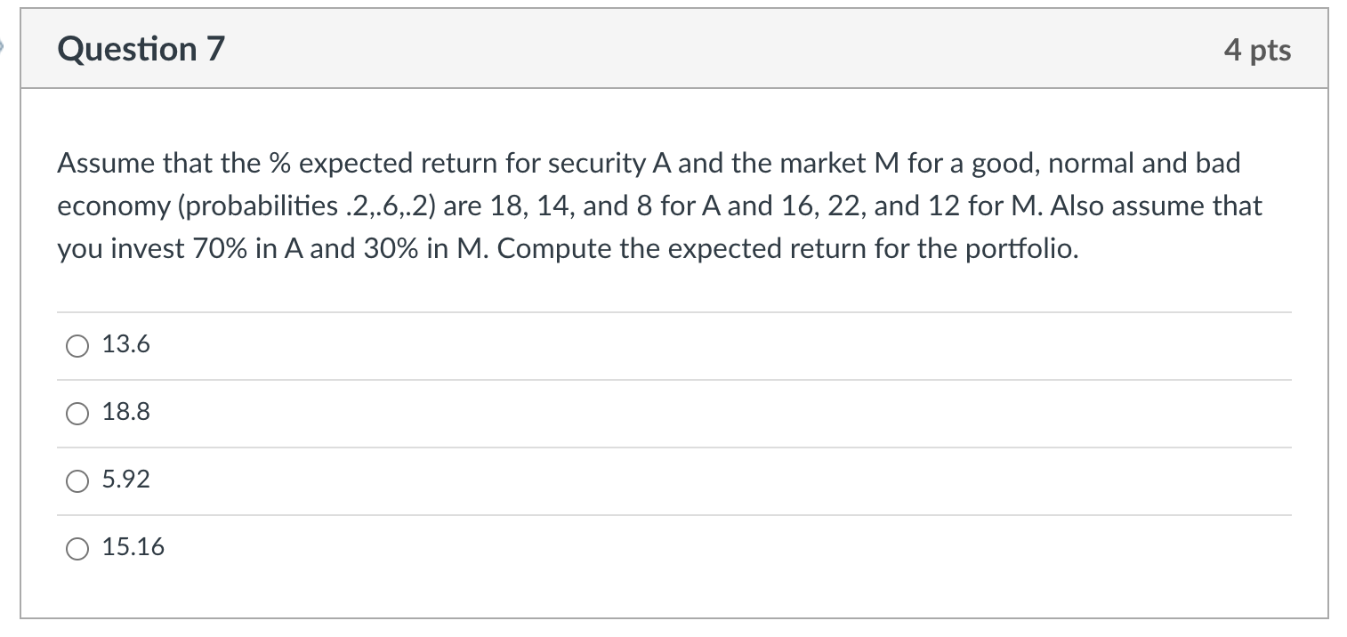 Question 7 4 pts Assume that the % expected return for