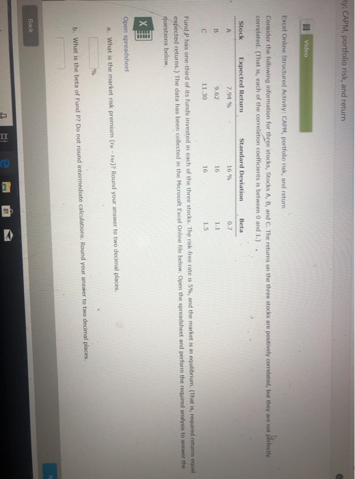 EXEL ty: CAPM, portfolio risk, and return Excel Online Structured Activity: