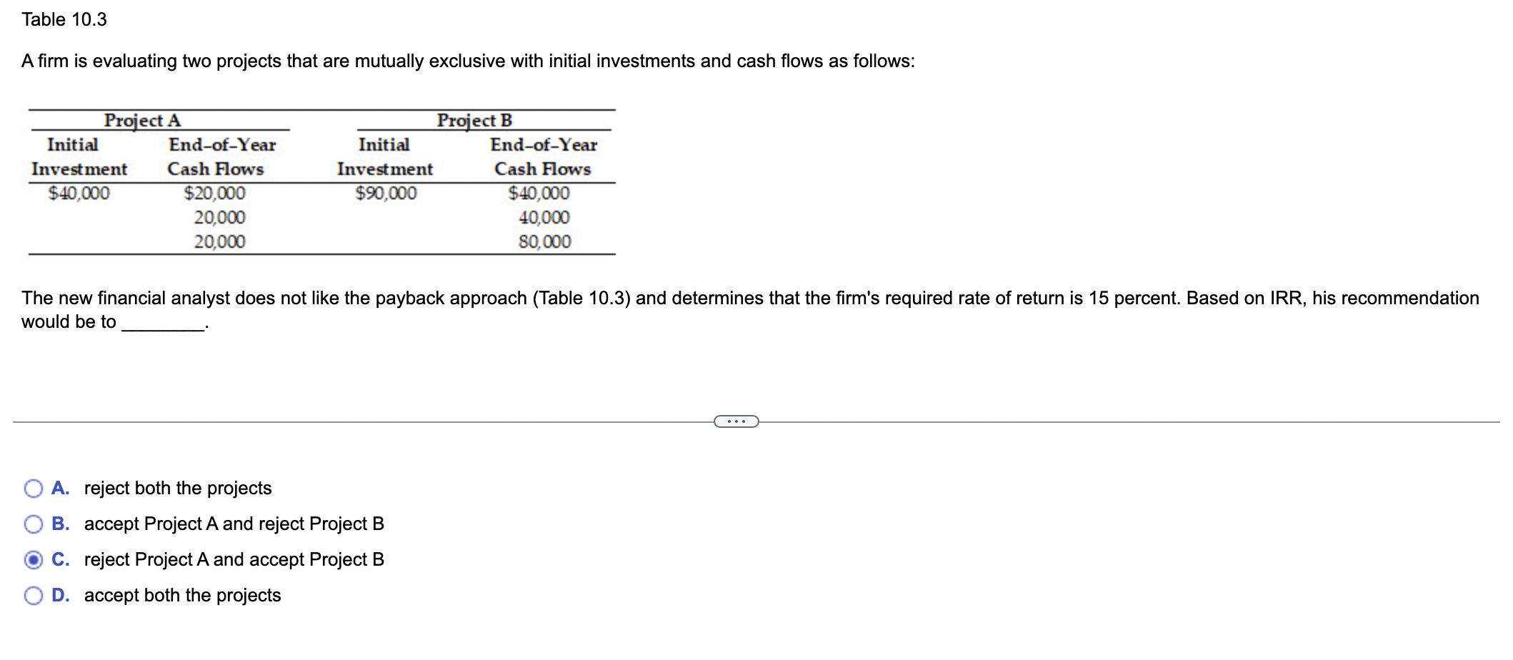  Table 10.3 A firm is evaluating two projects that are mutually