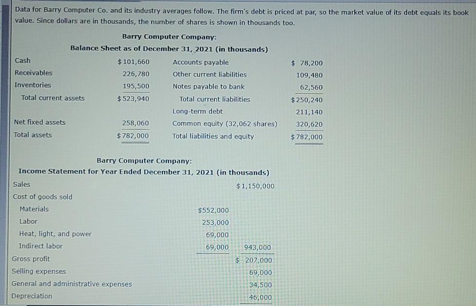 chap 4 #7 Data for Barry Computer Co. and its industry
