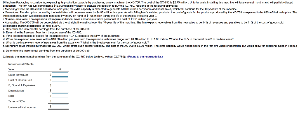  Billingham Packaging is considering expanding its production capacity by purchasing a