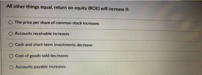  All other things equal, return on equity (ROE) will increase if: