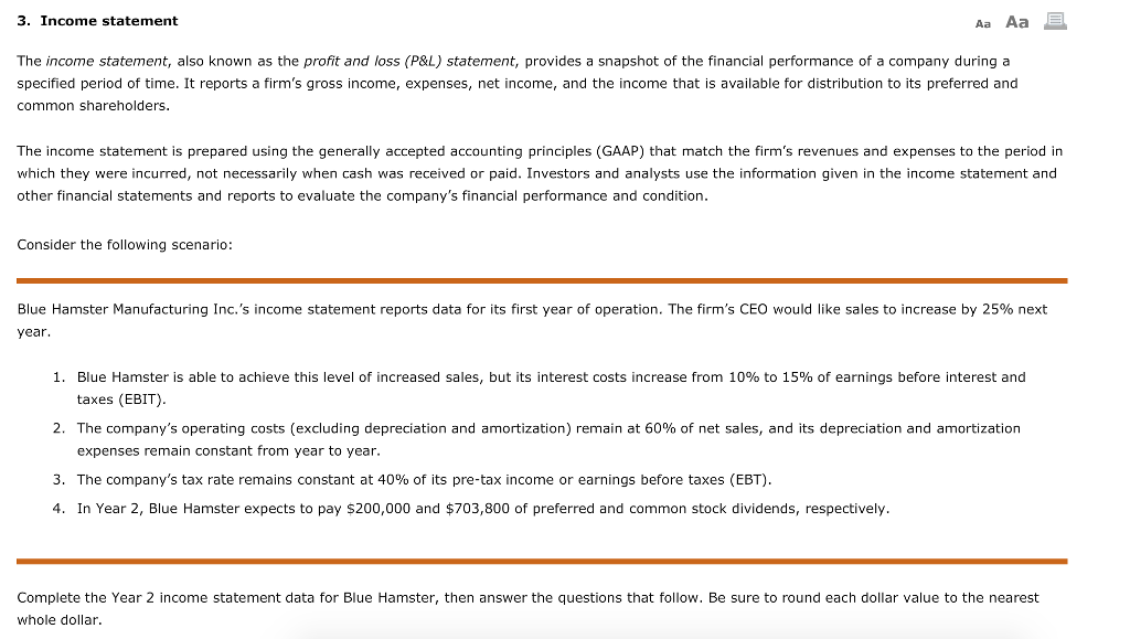  3. Income statement Aa Aa E The income statement, also known