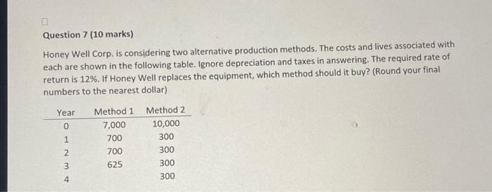  Question 7 (10 marks) Honey Well Corp. is considering two alternative