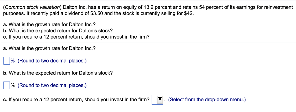 (Common stock valuation) Dalton Inc. has a return on equity of