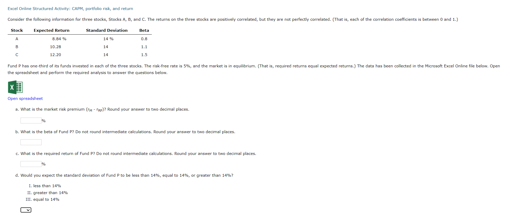  Excel Online Structured Activity: CAPM, portfolio risk, and return the spreadsheet