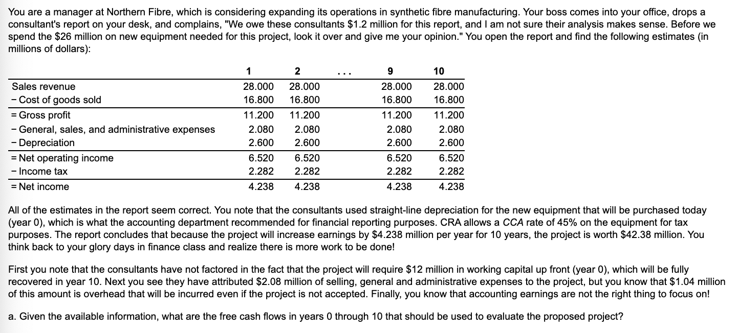 Please give answer for free cash flows from years 0 through 10.