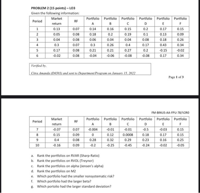  Portfolio Portfolio A PROBLEM 2 (15 points) -L03 Given the following