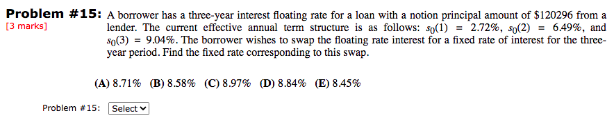 Problem #15: A borrower has a three-year interest floating rate for