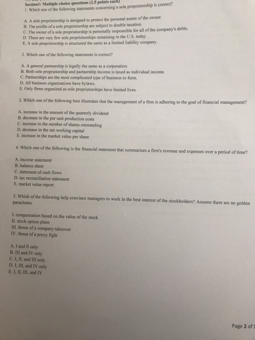 SectionI: Multiple choice questions (2.5 points each) I. Which one of
