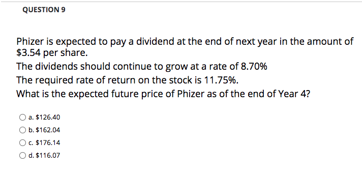 QUESTION 9 Phizer is expected to pay a dividend at the