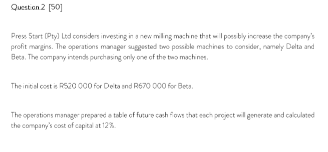 Financial Management 101 Question 2 [50] Press Start (Pty) Ltd considers investing