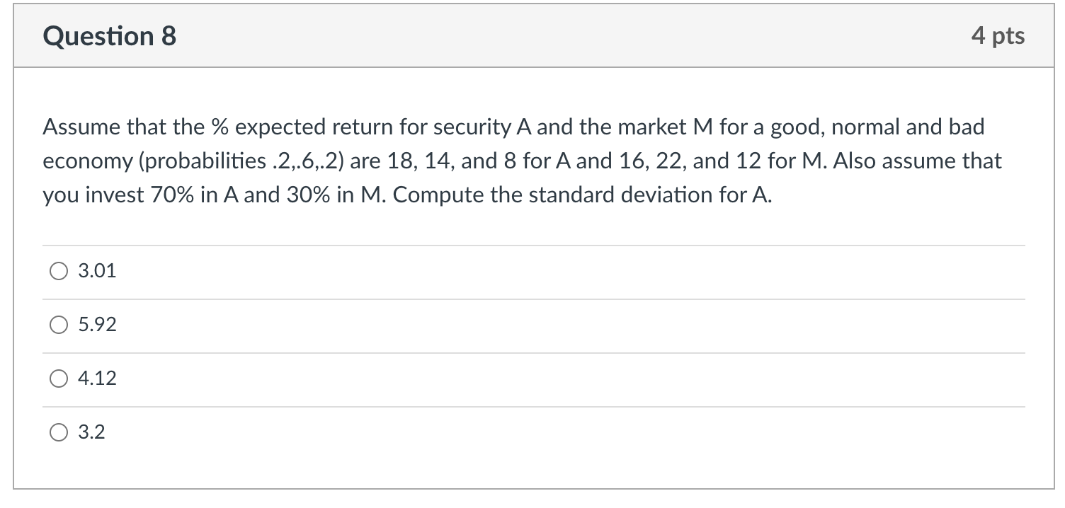 Question 8 4 pts Assume that the % expected return for
