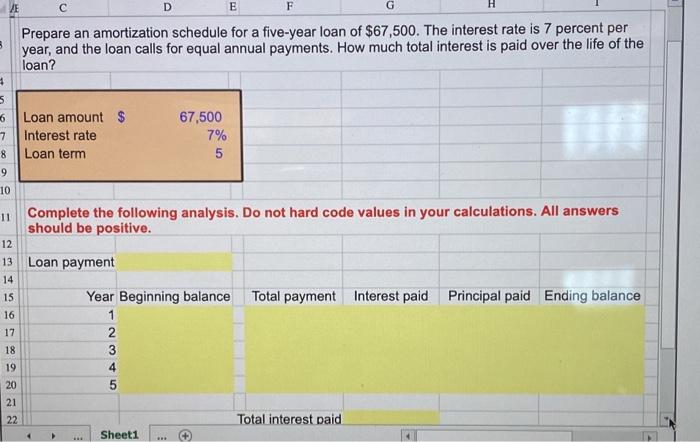  D E G Prepare an amortization schedule for a five-year loan