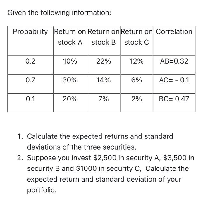  Given the following information: Probability Return on Return on Return on
