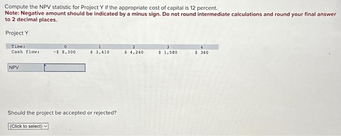 Compute the NPV statistic for Project Y if the appropriate cost