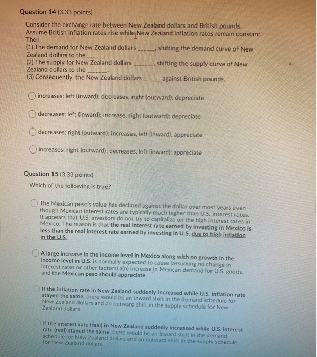  Question 14 (3.33 points) Consider the exchange rate between New Zealand