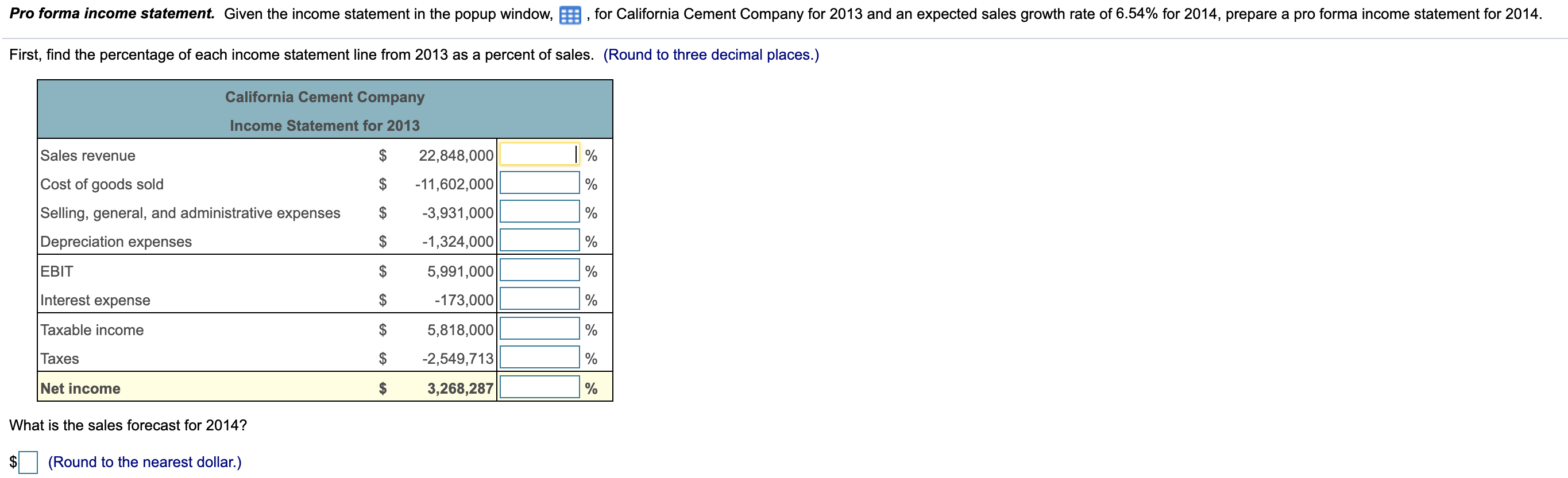 Pro forma income statement. Given the income statement in the popup